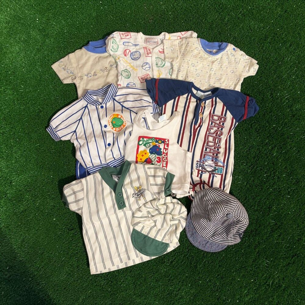 Vtg Baby Baseball Outfits 10 Piece 3/6,6/9,12m Louisville Slugger Dino Stripe